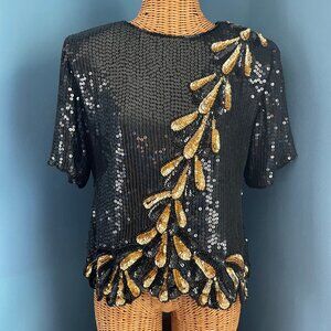 Vintage Stenay Sequined Short Sleeve Party Top.  Size Large. Silk with polyester